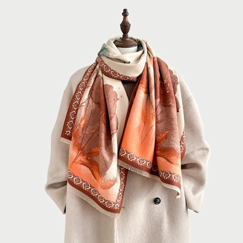 Saddle brown tibetan lotus scarf with watercolor ink painting showing traditional pattern and authentic textile craftsmanship