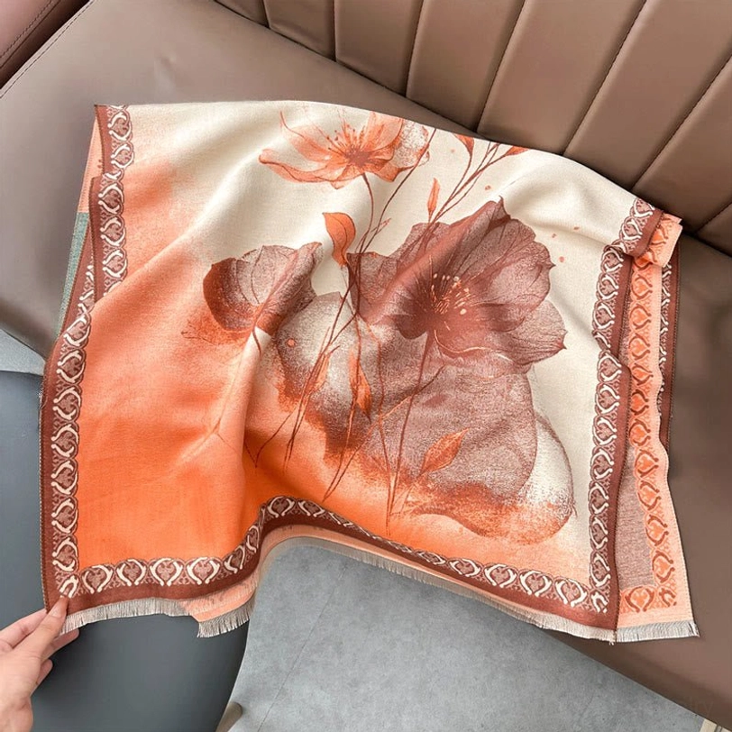 Tomato orange tibetan lotus scarf with ink painting floral motif and geometric embroidered border detail