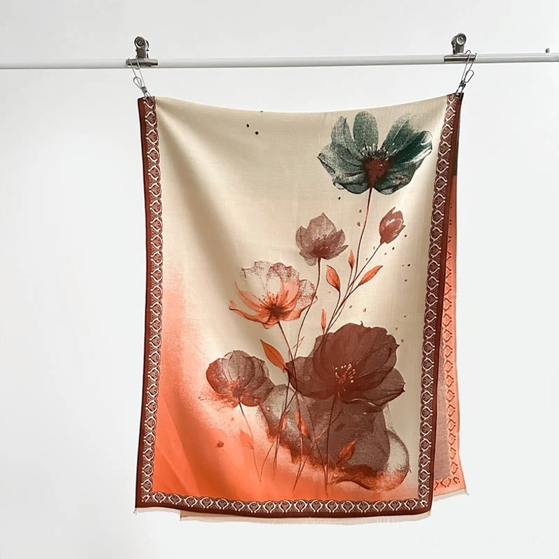 Tibetan lotus winter scarf featuring sacred symbol symbolism with ink painting artistry and natural eco-friendly materials