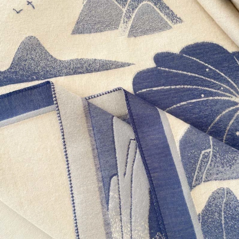 Tibetan lotus mountain shawl - artisan handwoven wrap with traditional ink wash design and Himalayan landscape motif