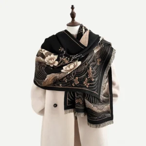 Black Tibetan lotus ocean waves tassel shawl displayed on mannequin with golden floral motifs