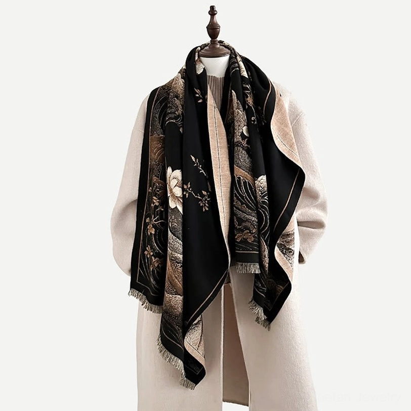Mannequin neck-worn view of black Tibetan lotus shawl with brown wave and lotus motifs