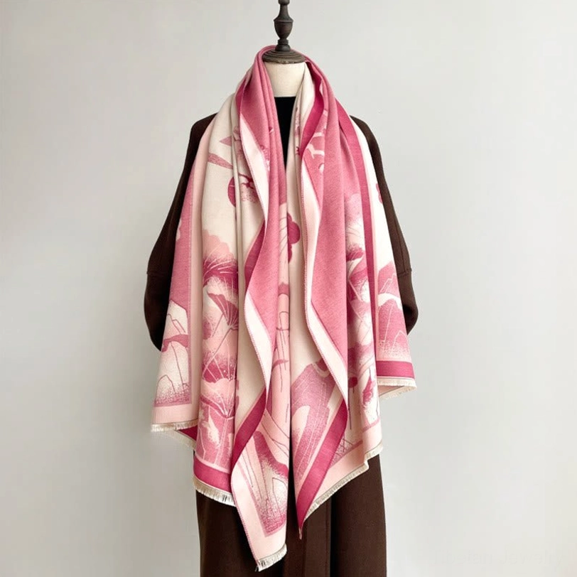 Handcrafted Tibetan lotus shawl showing fringe detail and traditional landscape pattern, product close-up view