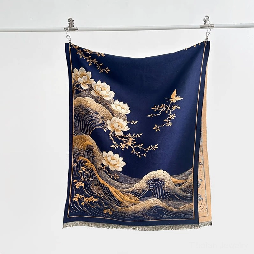 Navy blue Tibetan tassel shawl front display with lotus and wave pattern details