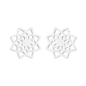 Pair of silver tibetan lotus pattern stud earrings flat lay studio display
