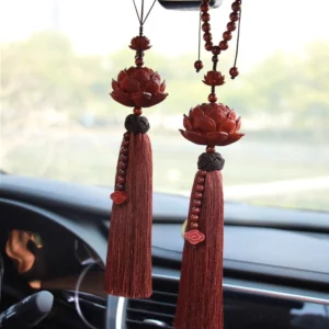 Tibetan red sandalwood lotus tassel hanging in car interior dashboard with carved wooden lotus charm and beaded trim
