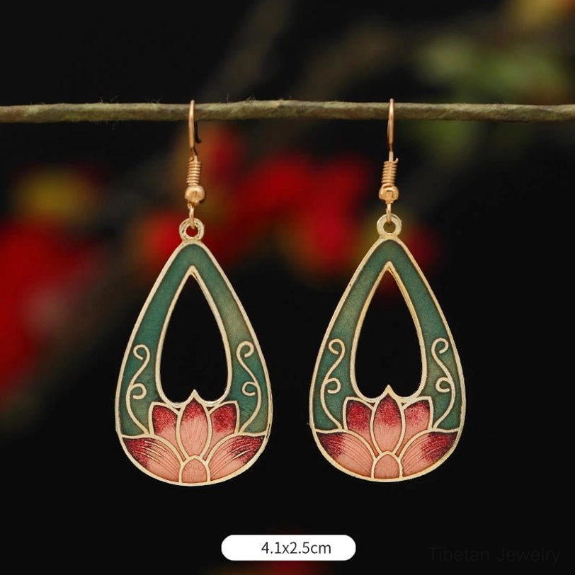 Large hollow teardrop lotus drop earrings 4.1x2.5cm in dark green and pink with gold accents, hung on twig, size reference marked