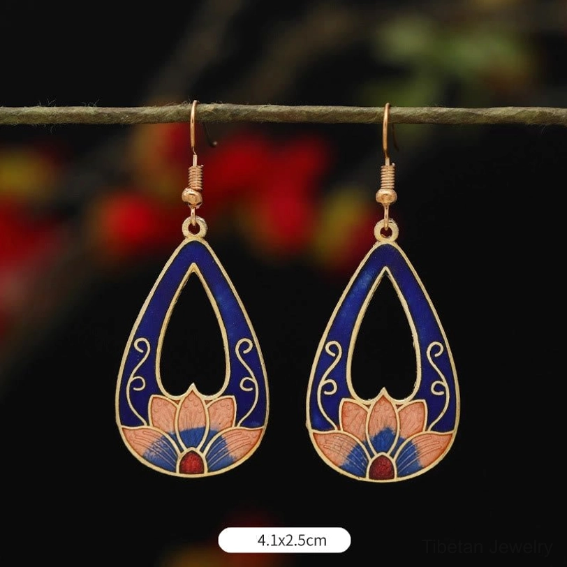 Dark blue hollow teardrop lotus drop earrings 4.1x2.5cm with navy blue and pink enamel, layered lotus pattern at base with gold trim