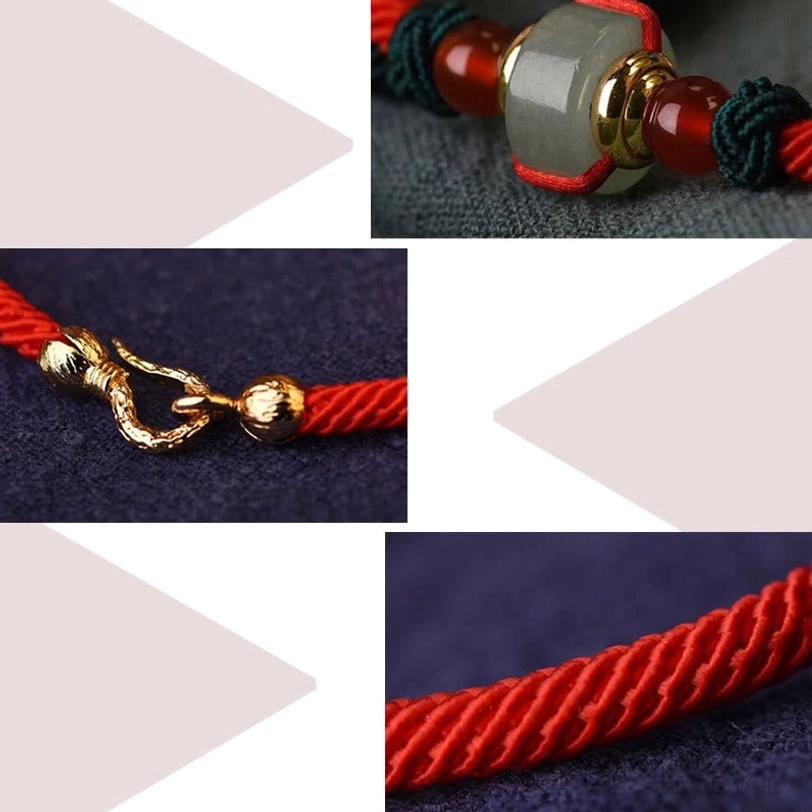 Tibetan lucky braid bracelet component montage displaying gold toggle clasp, red woven rope, and bead assembly craftsmanship