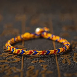 Tibetan lucky protection bracelet multicolor thread with silver clasp close-up side view
