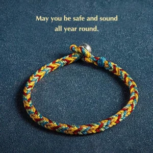 Tibetan multicolor protection bracelet with red orange yellow blue threads and 925 silver clasp displayed on dark blue background