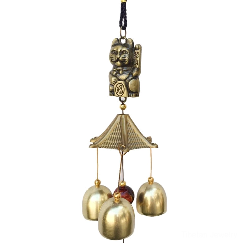 Tibetan Lucky Cat Wind Chime full assembly red decorative bead three brass bells hanging ready