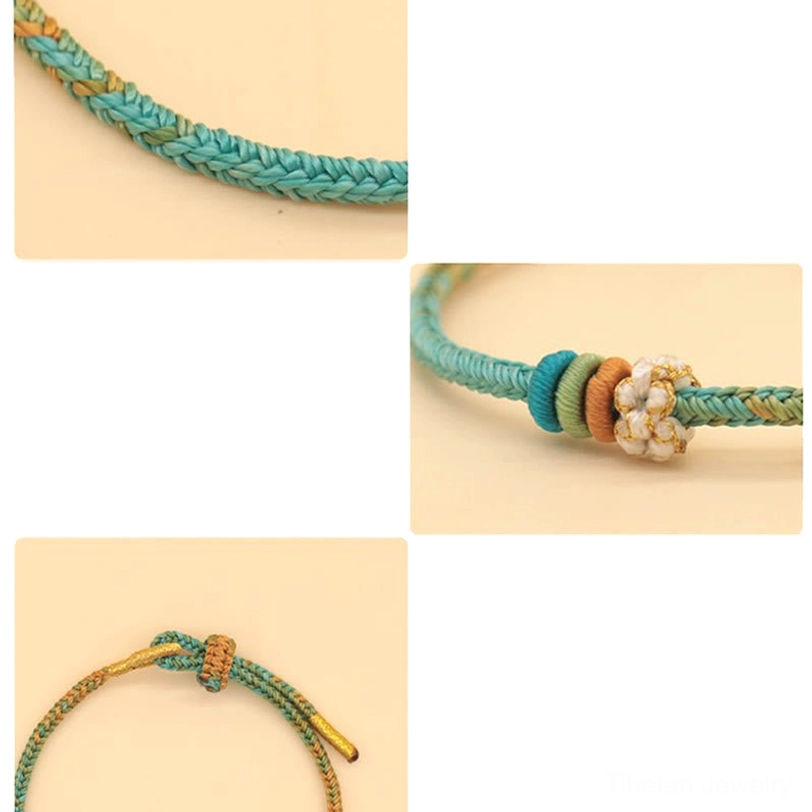 Traditional handmade Tibetan peace knot bracelet with eight threads representing Buddhist noble eightfold path
