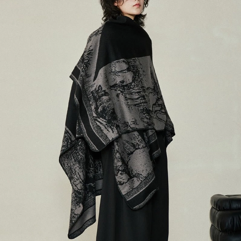 Luxury Tibetan reversible shawl in black and gray with decorative hem details