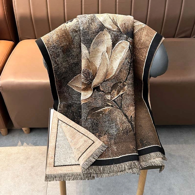 Full view Tibetan handwoven magnolia butterfly scarf showing complete fringed border and traditional artisan craftsmanship
