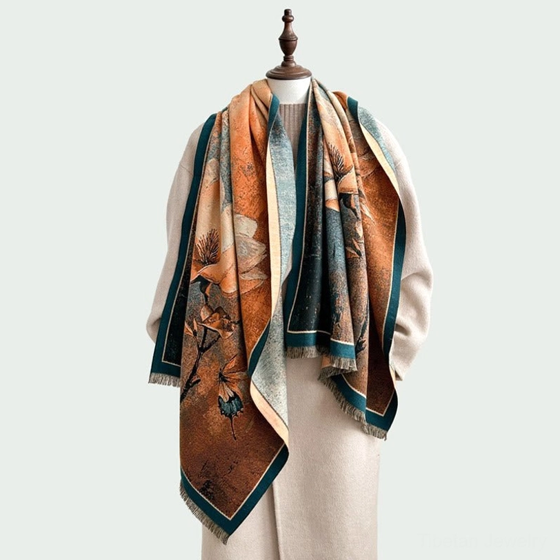 Mannequin wearing Tibetan magnolia butterfly scarf with warm brown and navy oil painting design