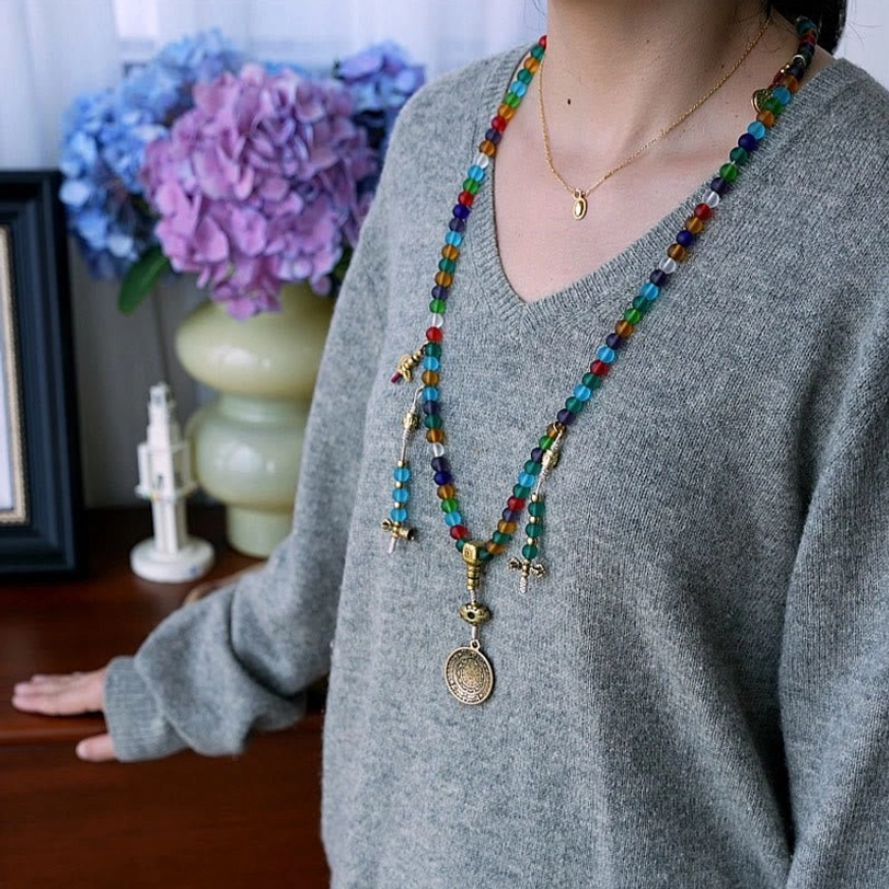 Tibetan 108 mala beads showing bead size 8mm with frosted multicolored liuli glass texture
