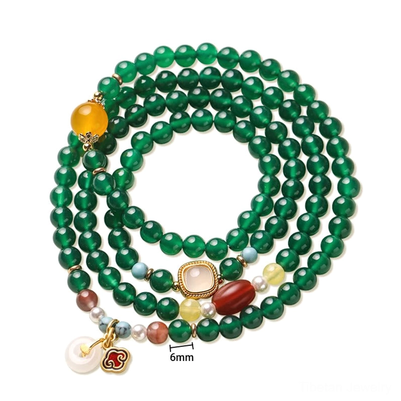 Complete 108-bead Tibetan mala with green agate, turquoise, and copper-plated gold peace buckle