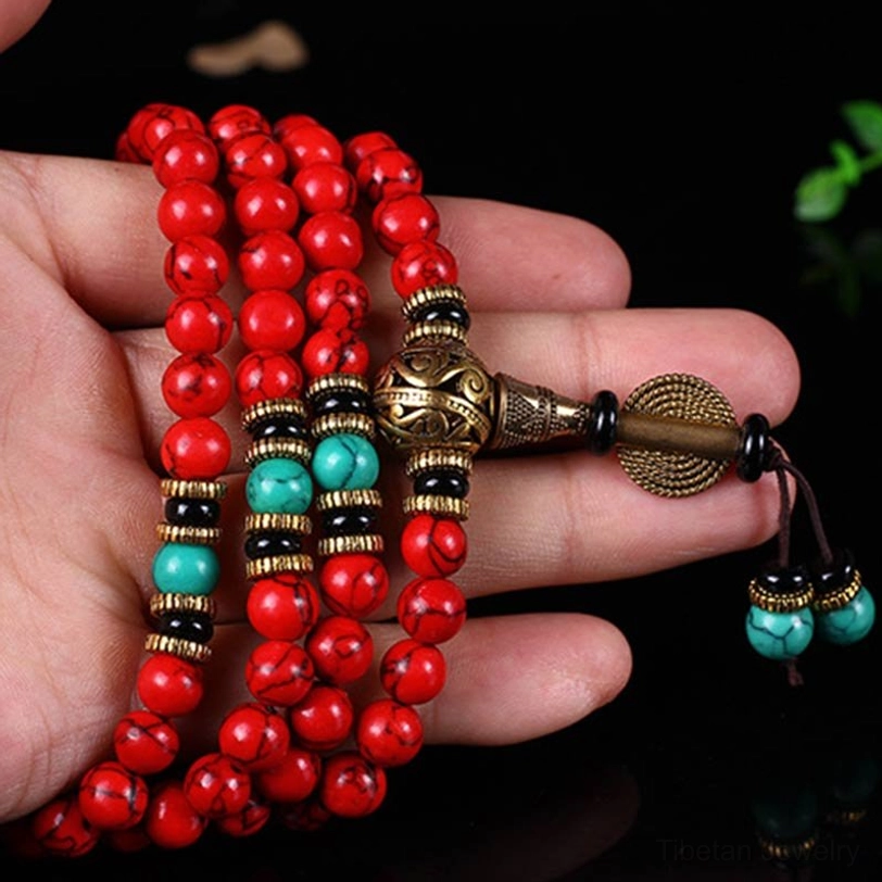 Tibetan red turquoise mala 108-bead necklace meditation prayer bracelet full product view