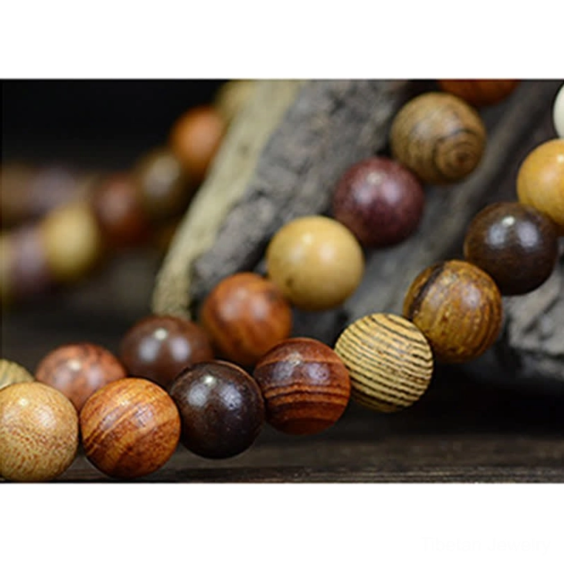 108 natural wood Tibetan mala beads meditation necklace showcase with silver accents and multi-tone wooden beads