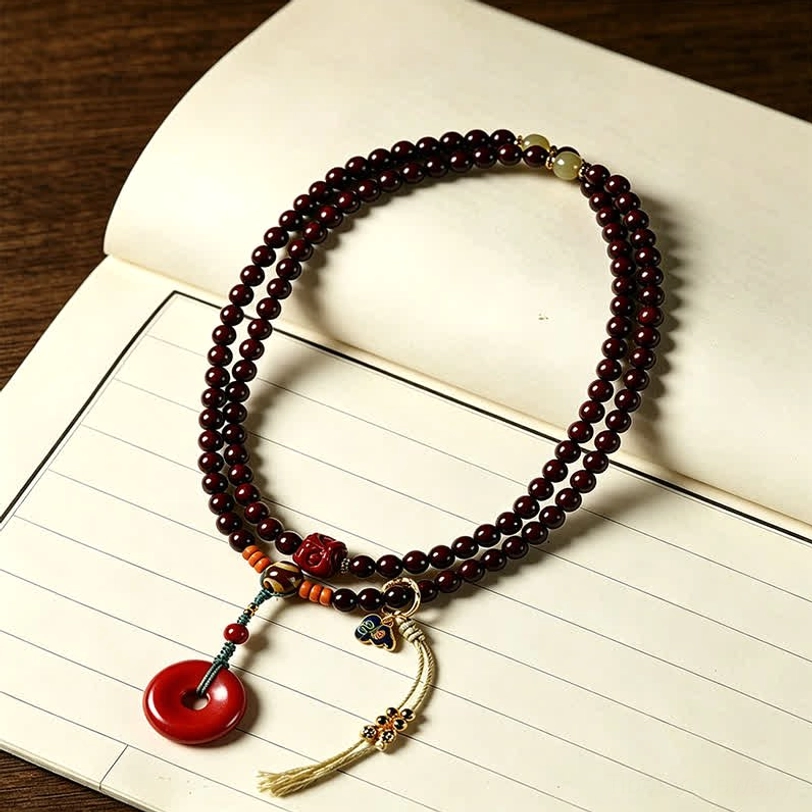 Hand-woven tibetan prayer mala with dark red rosewood beads and copper peace buckle on vintage notebook, top-down view