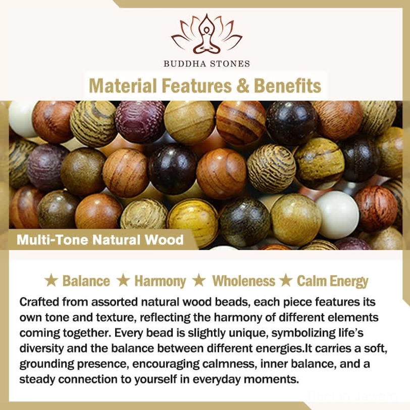 Buddha Stones tibetan mala beads info graphic highlighting multi-tone natural wood balance harmony calm energy benefits