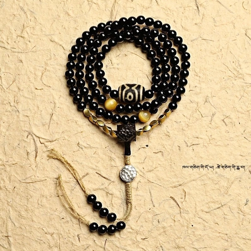 Sterling silver accents tibetan mala bracelet black onyx beads protective amulet