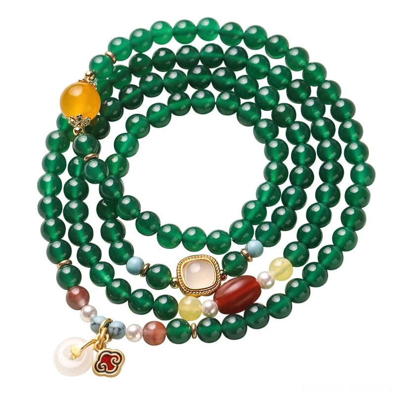 Complete 108-bead Tibetan mala bracelet with green agate stones and decorative gemstone accents