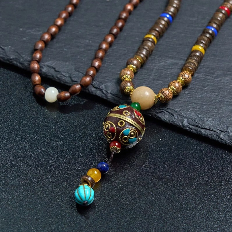 Tibetan handmade mala necklace with multicolor accent beads and traditional Buddhist pendant styling