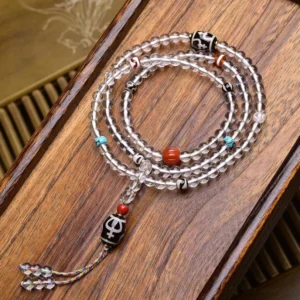 Handmade 108 bead prayer mala necklace with dzi agate pendant and rainbow tassel