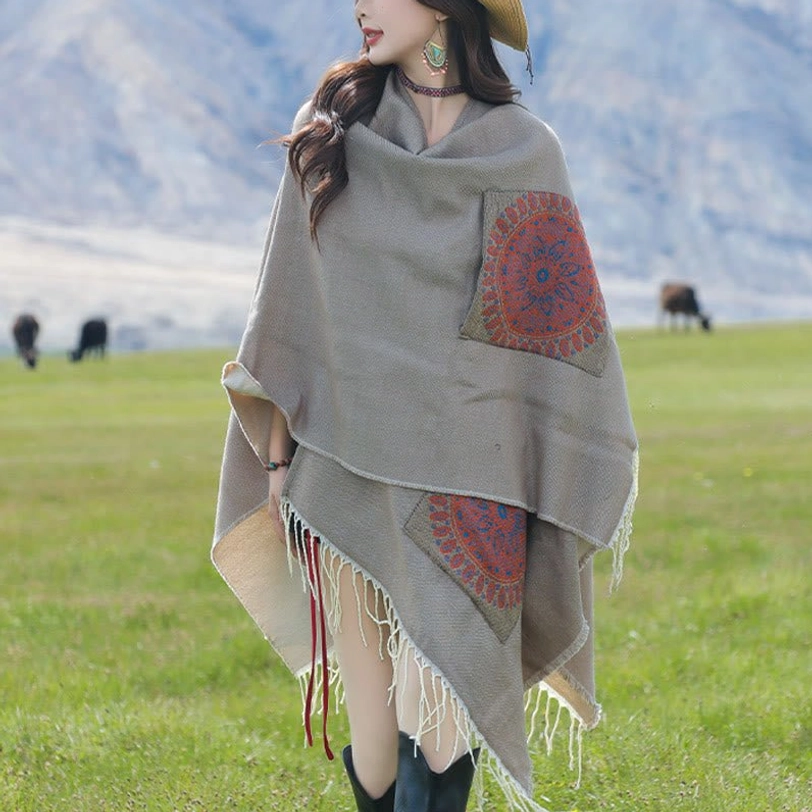 Dark Khaki mandala tassel poncho shawl full view