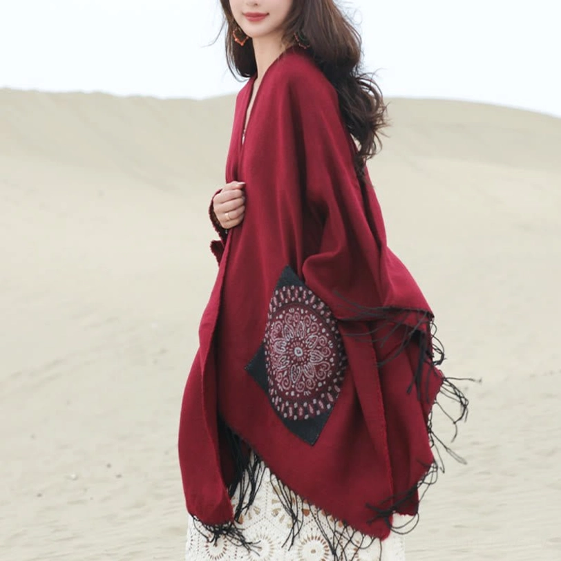 Fire Brick Tibetan mandala poncho with side pose display
