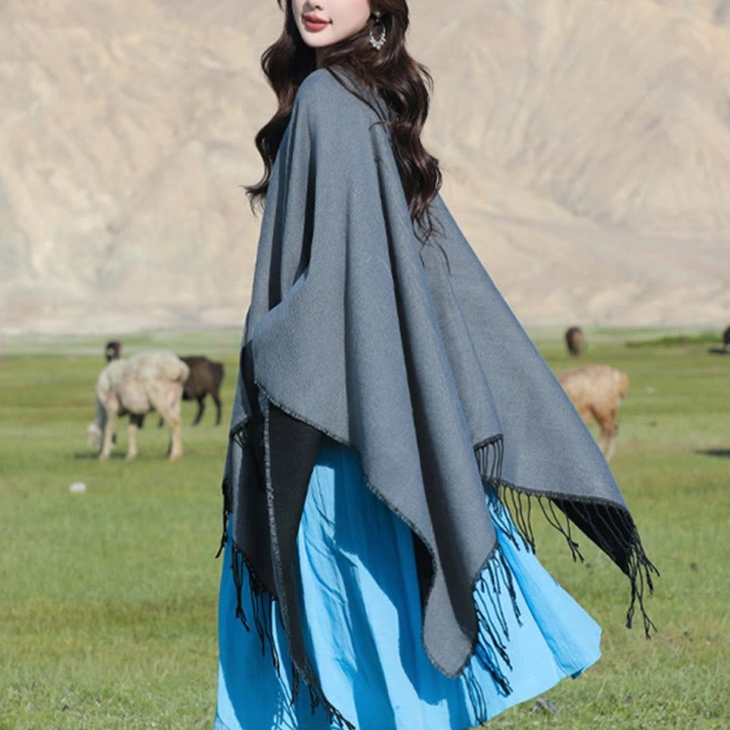 Gray Tibetan mandala poncho with geometric embroidery detail