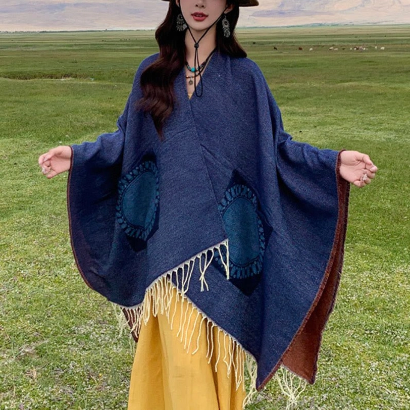 Steel Blue Tibetan geometric mandala poncho with side pose