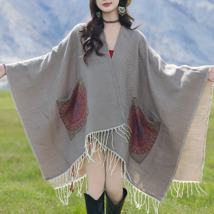 Dark Khaki Tibetan mandala shawl draped styling detail