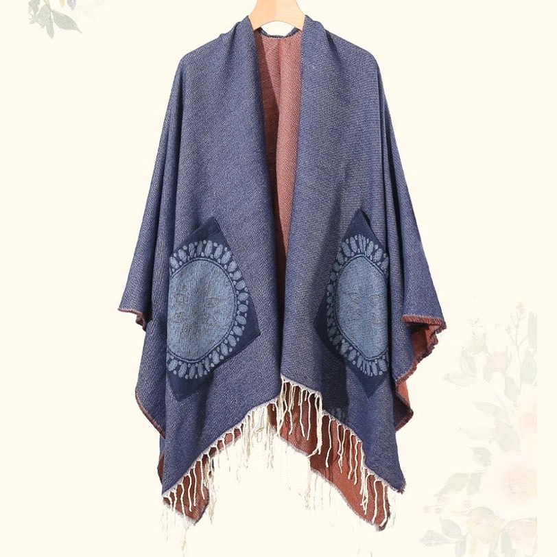 Dark Khaki Tibetan mandala tassel shawl product showcase