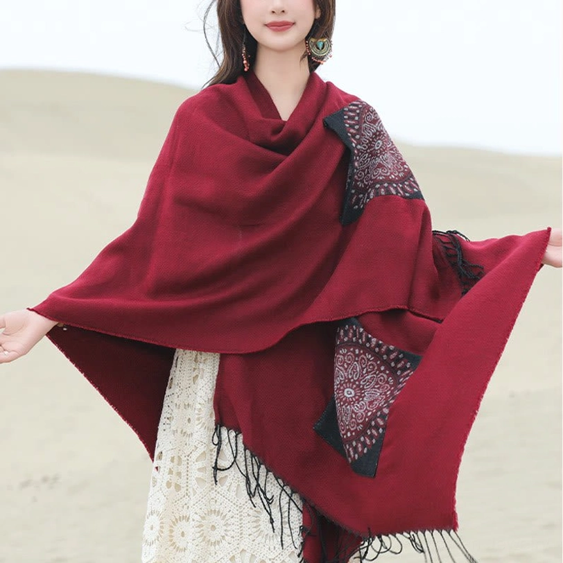 Fire Brick mandala shawl front three-quarter view outdoor