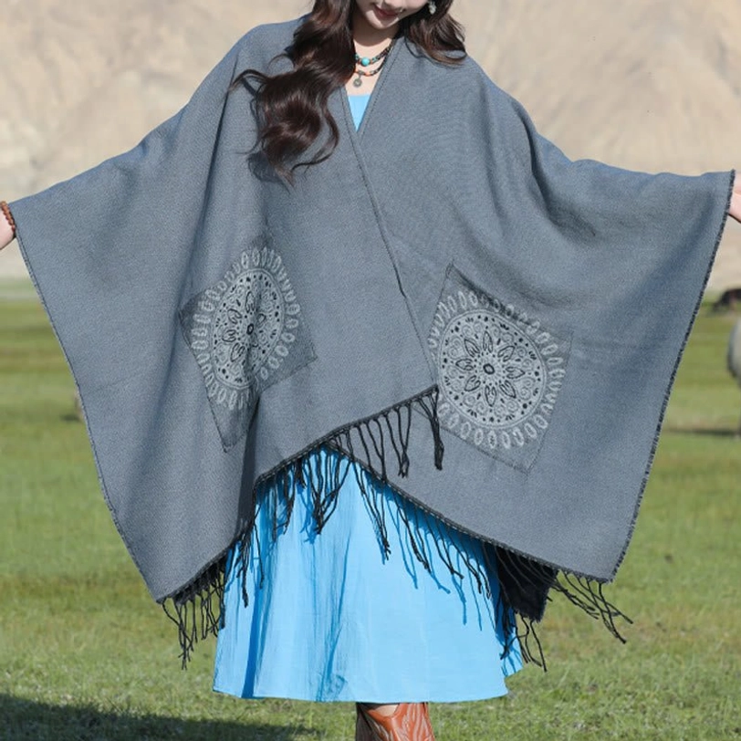 Fire Brick red Tibetan mandala tassel shawl, full product view