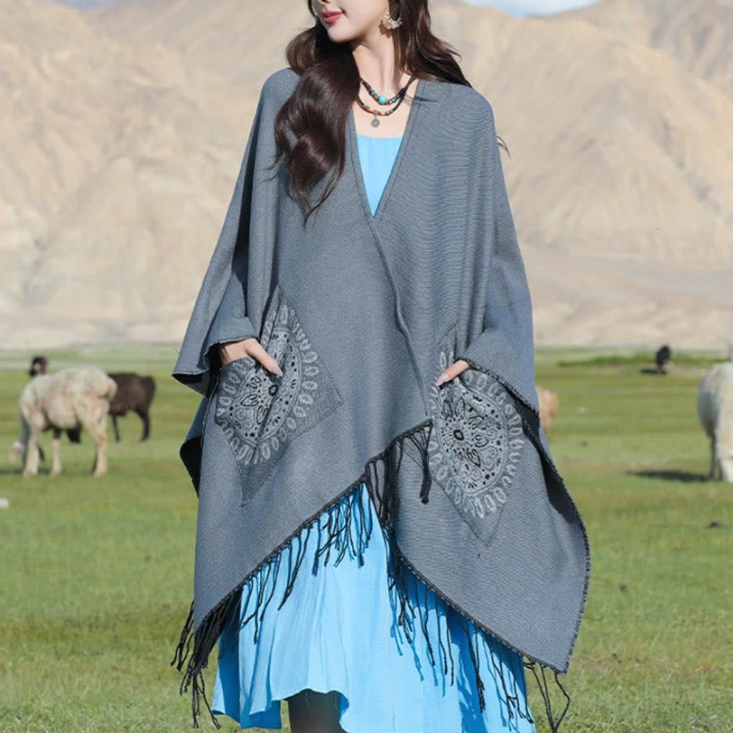 Gray Tibetan mandala tassel shawl with geometric patterns, 140x155cm