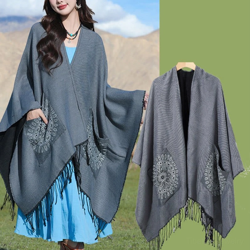 Tibetan mandala shawl material close-up showing soft acrylic texture