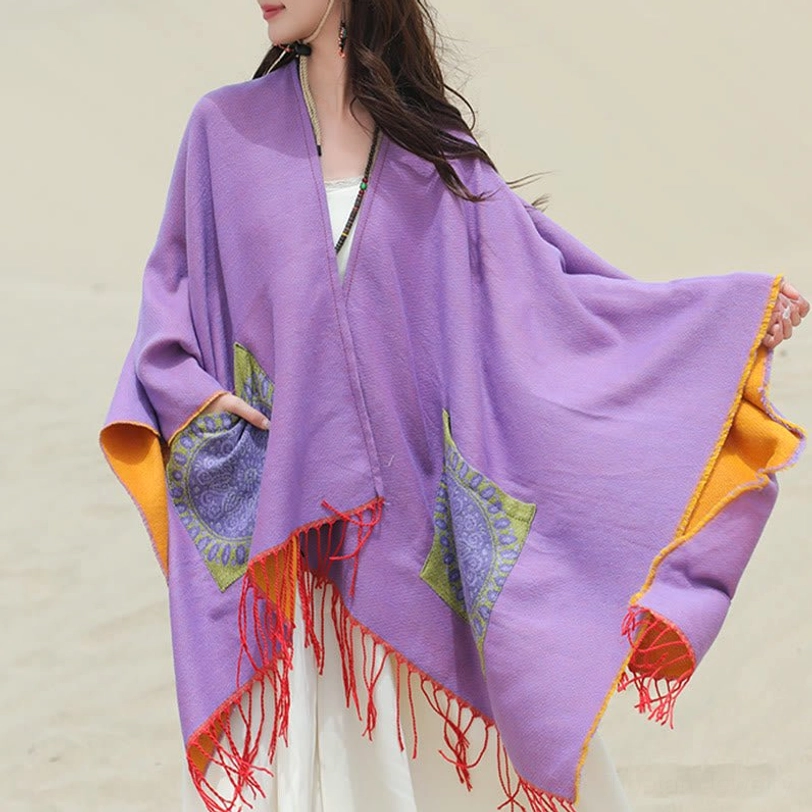 Orchid Tibetan mandala tassel shawl geometric pattern full view
