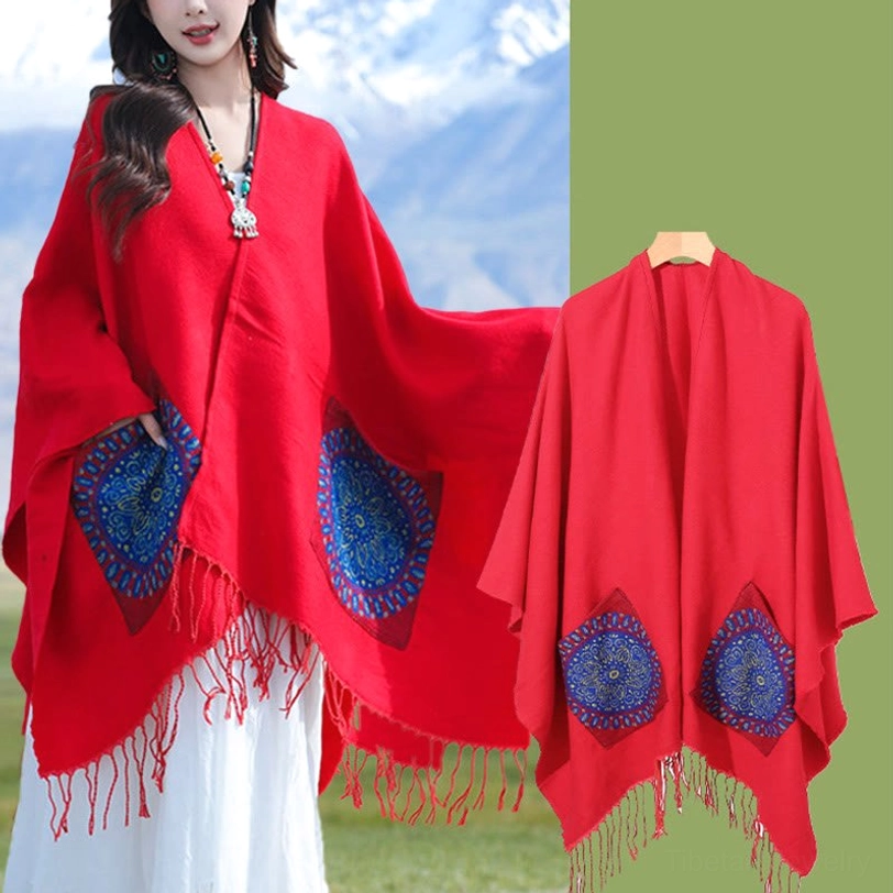 Red Tibetan mandala shawl styled on model and flat lay display, dual view showcase
