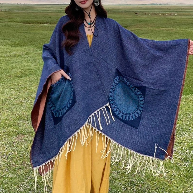 Steel Blue Tibetan mandala shawl with geometric patterns full view