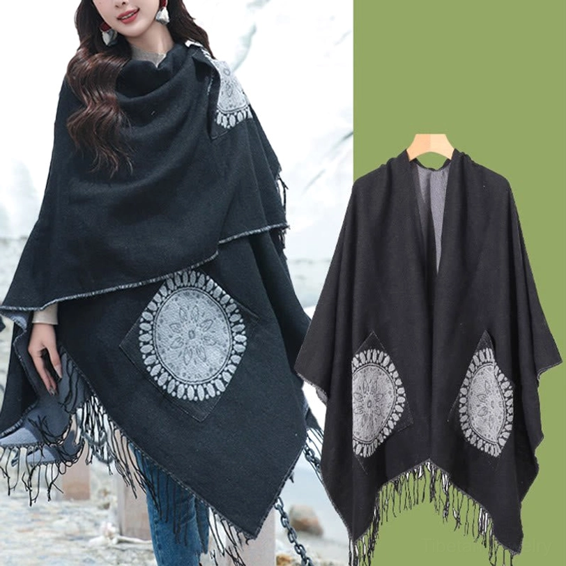 Tibetan mandala shawl with tassel fringe hem close-up