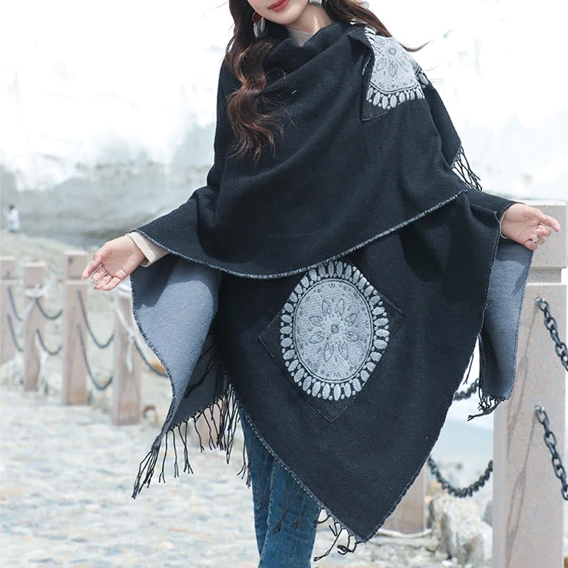 Tibetan geometric mandala shawl texture and knit pattern detail