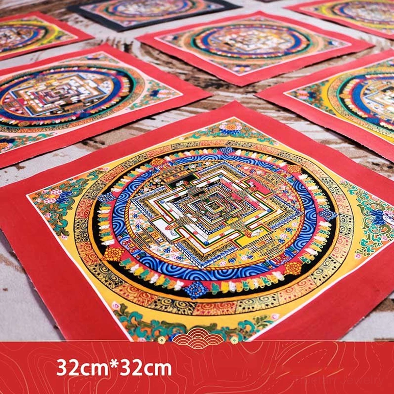 Tibetan mandala thangka 32x32cm with red border and intricate circular religious motifs - workshop view