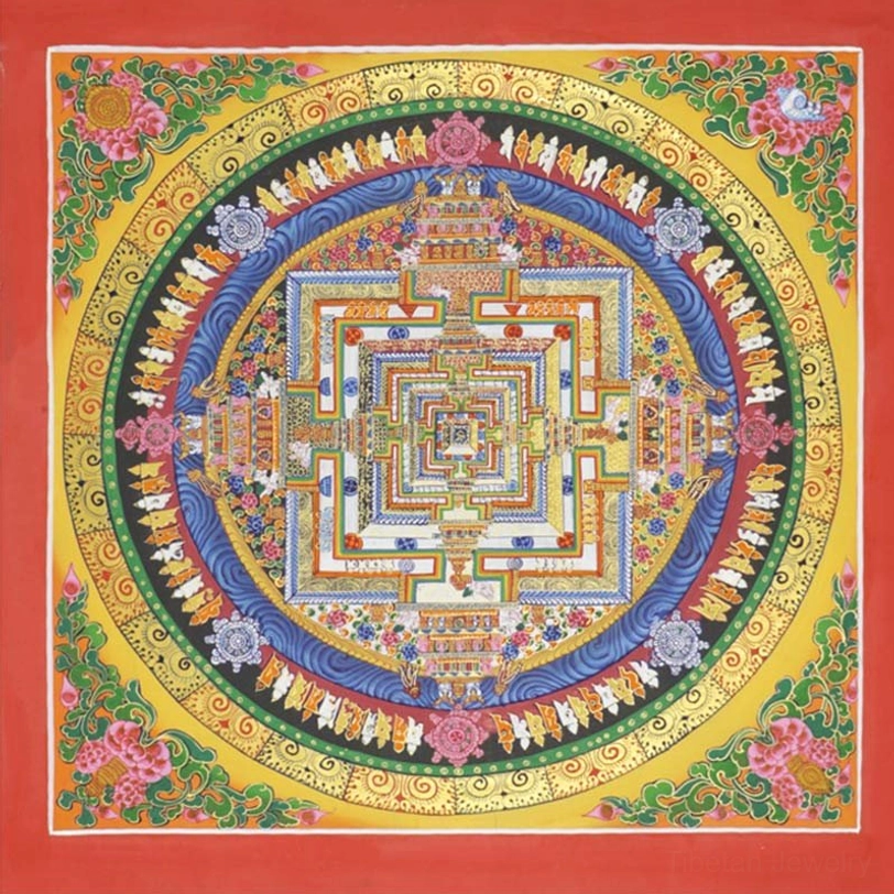 Kalachakra mandala thangka with red border and yellow background featuring identical intricate circular mandala design pattern