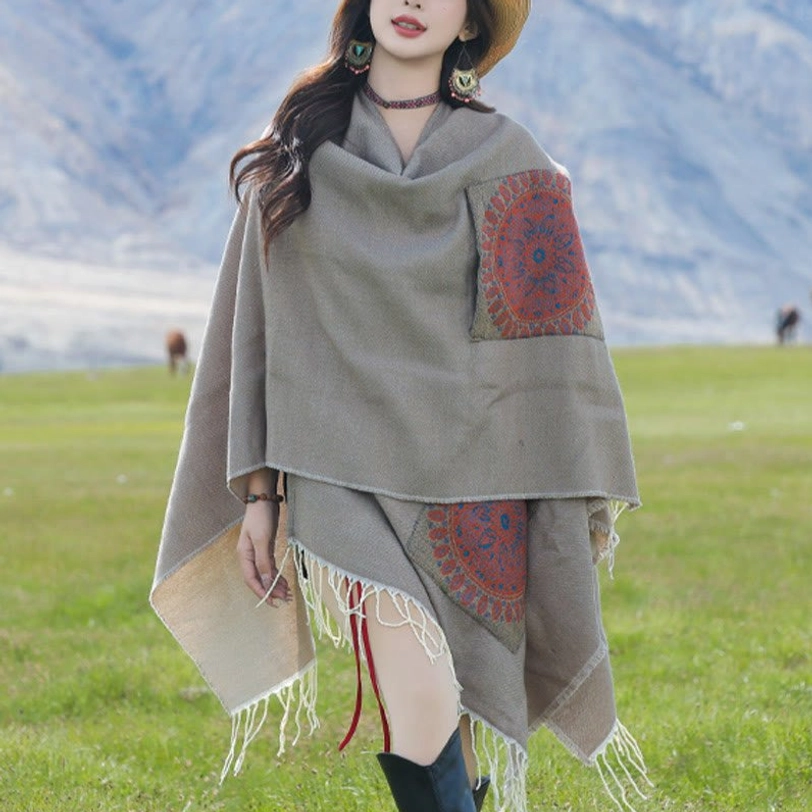 Dark Khaki Tibetan mandala wrap with geometric patches, front wearing