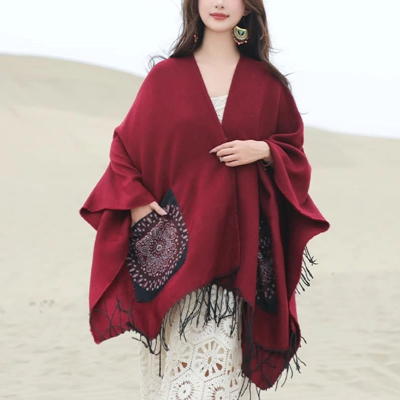 Fire Brick red mandala wrap with geometric patterns and tassels