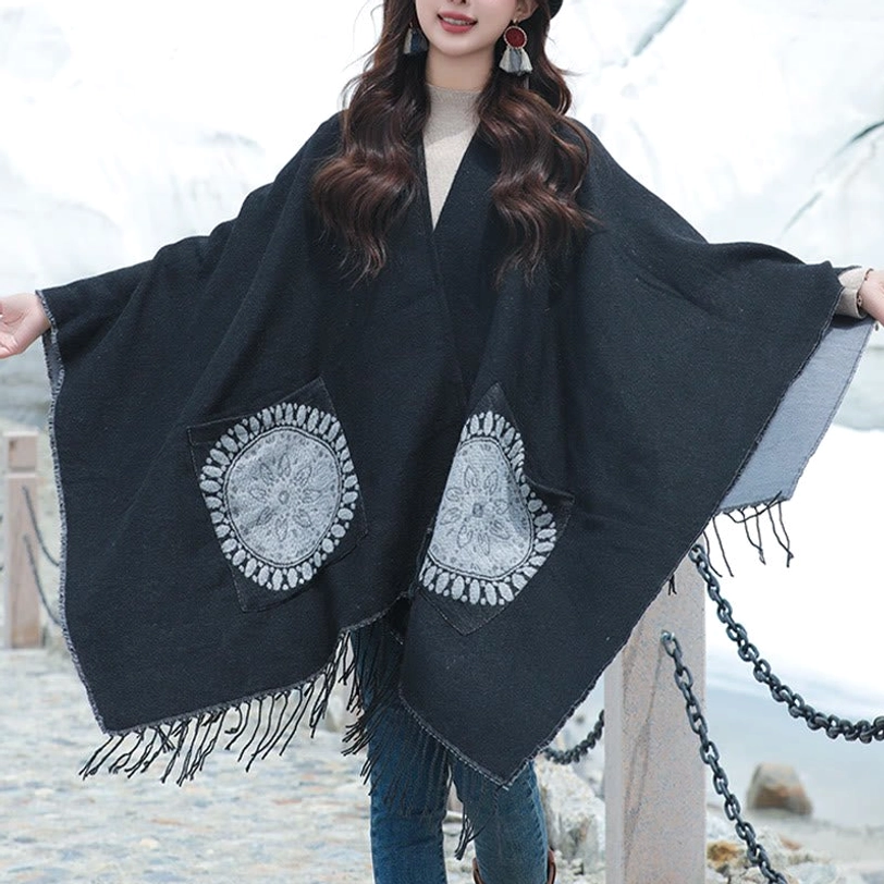 Tibetan mandala wrap shawl pocket detail close-up view